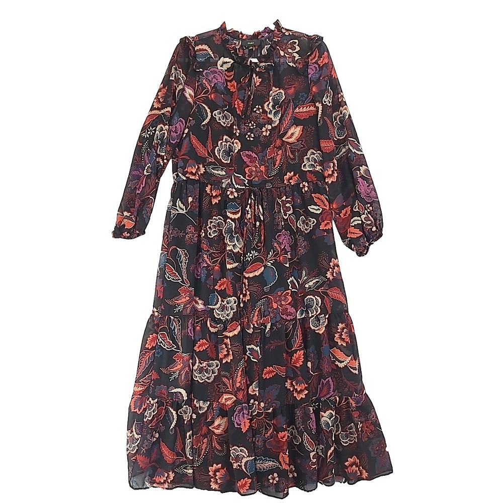 Maia Maxi Tiered Dress Dk Floral Sz 14 Long Sleeve Lined Hippie Boho whimsigoth